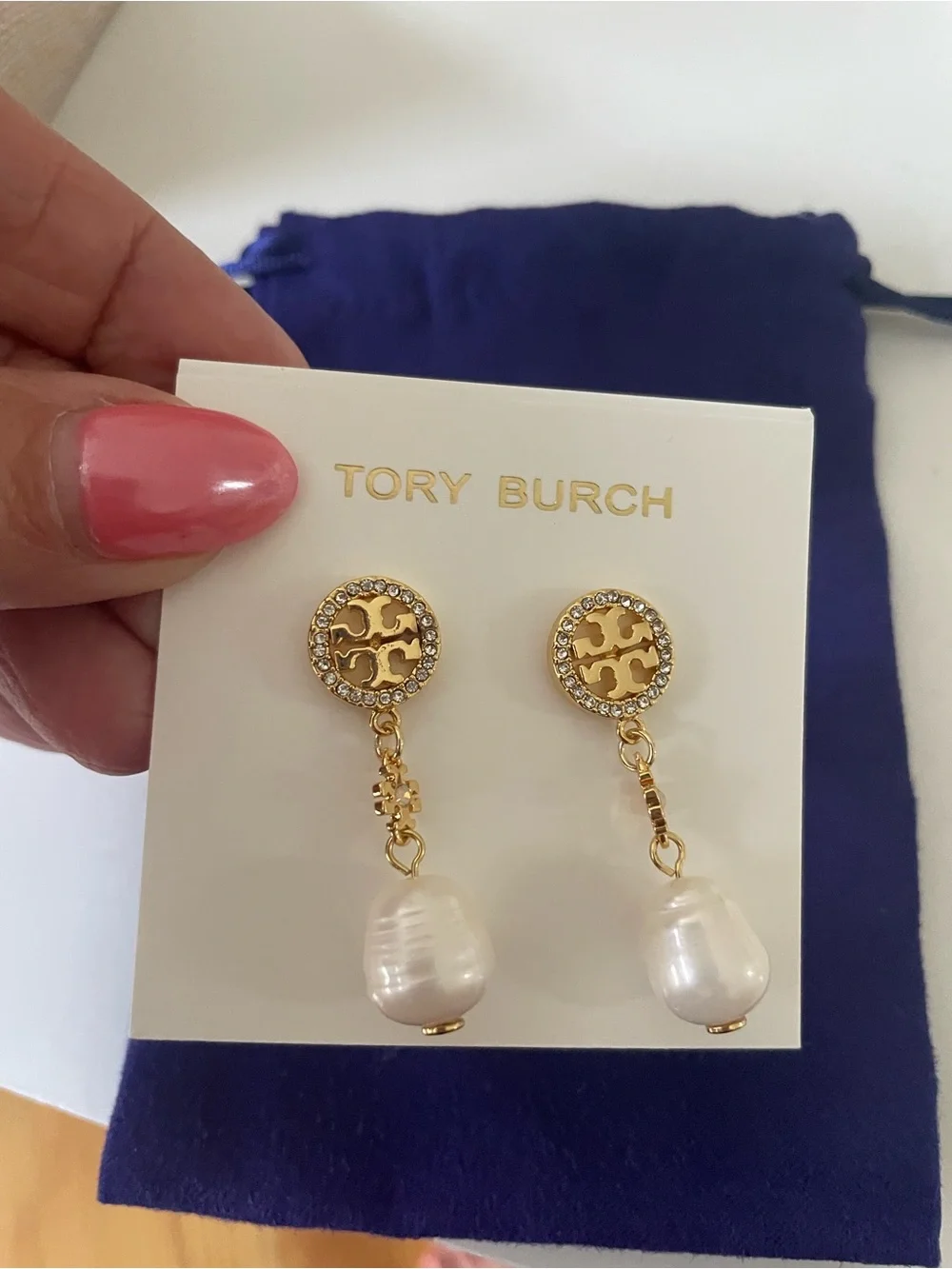 Tory Burch Gold Logo Drop Earrings with White Pearl Drops